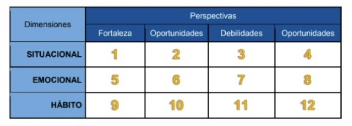 El diseño de Tellería genera así una matriz con doce ámbitos a evaluar