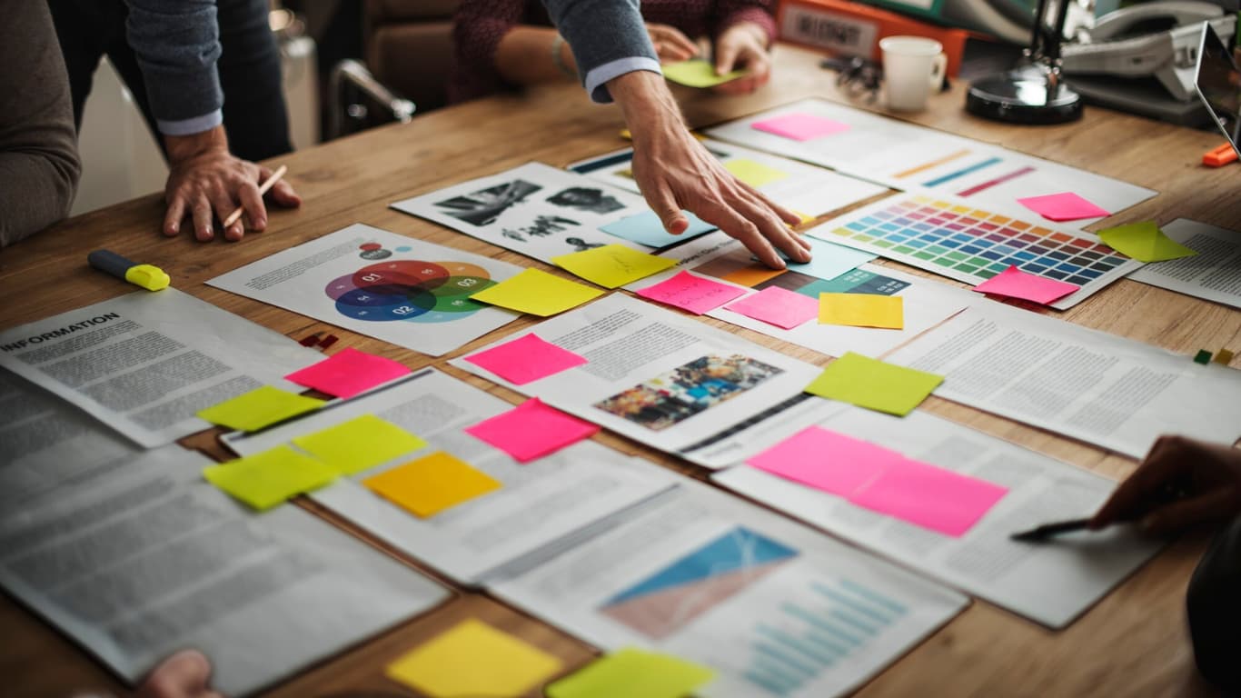 Un grupo de personas está colaborando sobre una mesa llena de documentos, gráficos y notas adhesivas de colores brillantes.
