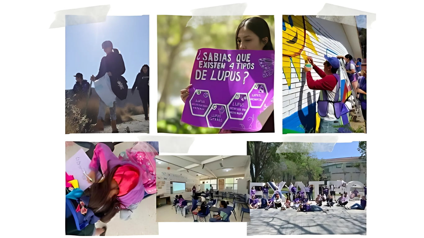 Un collage de seis fotos que muestran actividades educativas y de concientización. En la parte superior izquierda, un grupo de jóvenes con mochilas caminan al aire libre. Al lado, una mujer sostiene un cartel morado que pregunta sobre los tipos de lupus. En el centro, un artista pinta un mural en una pared exterior con varias personas participando