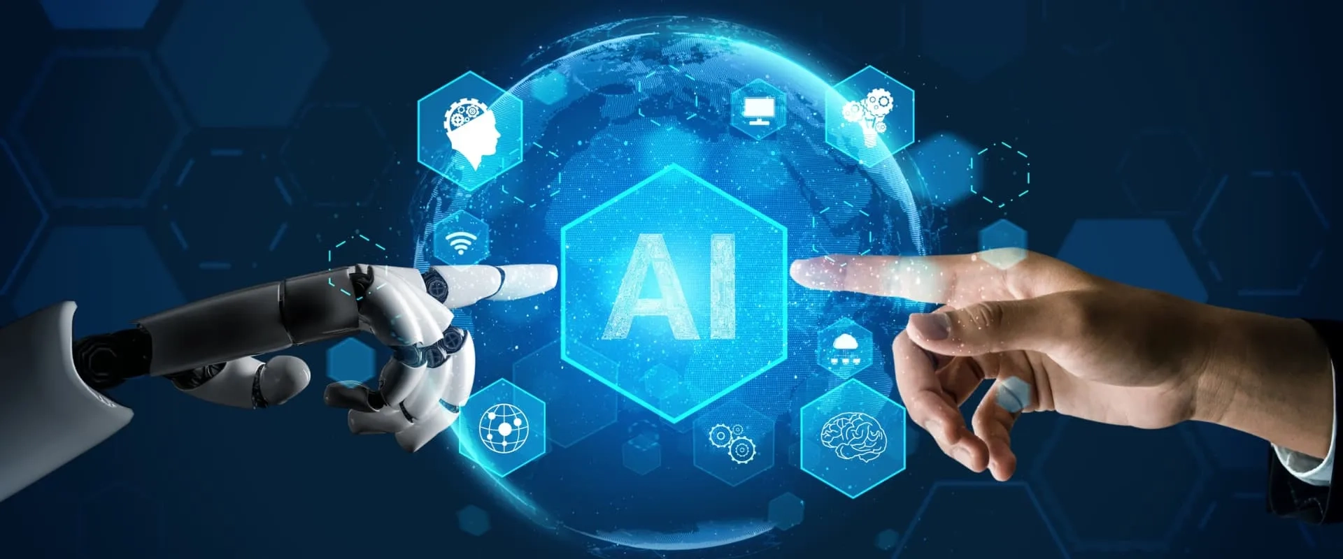 Una mano robótica y una mano humana se extienden hacia un hexágono brillante que dice 'AI' (inteligencia artificial) en el centro.