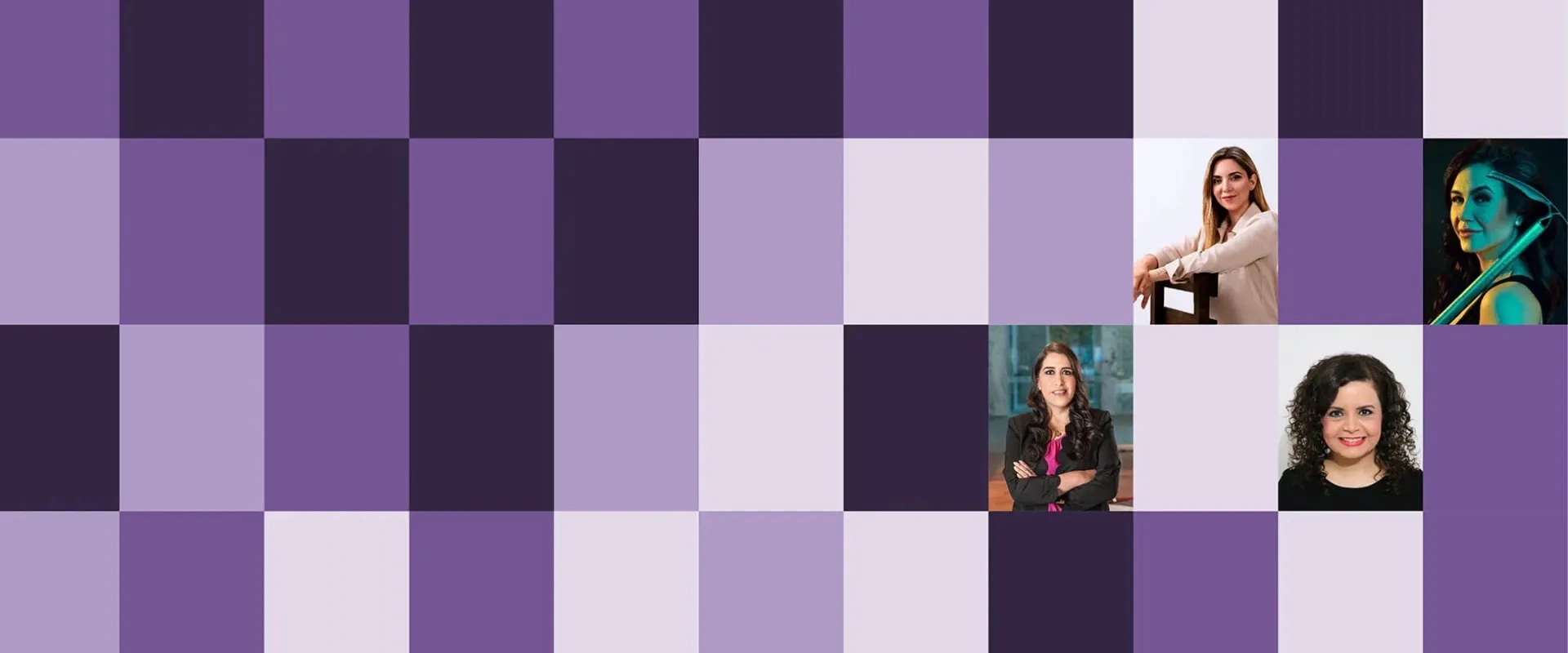 Un fondo de cuadros en tonos morados, con cuatro recuadros que contienen imágenes de diferentes mujeres.