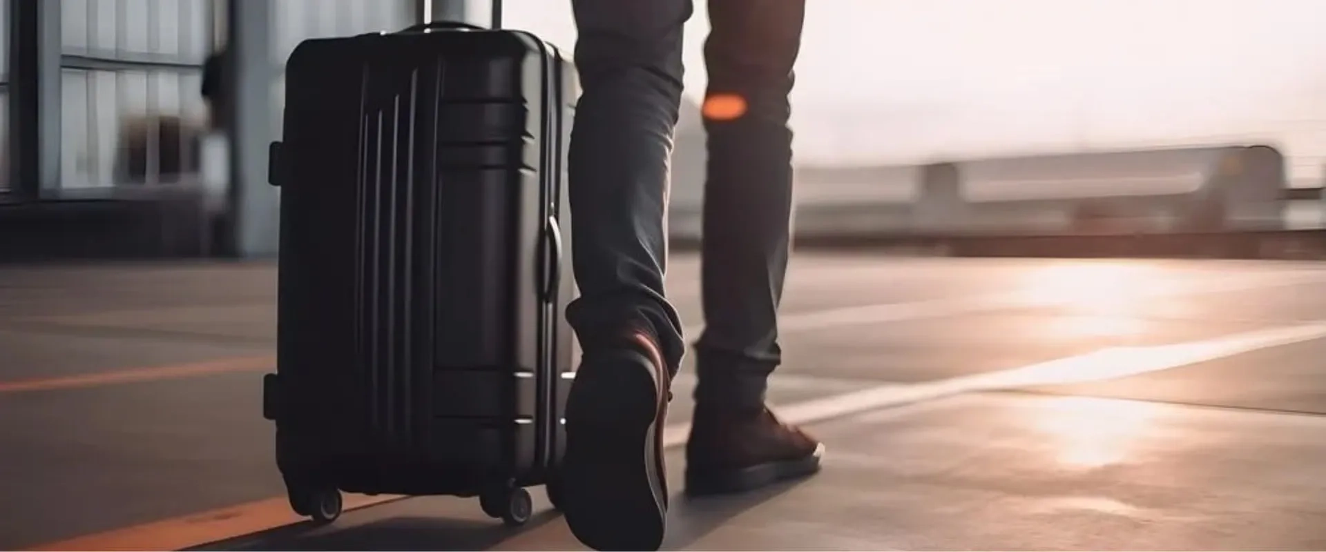 Una persona camina por un aeropuerto, arrastrando una maleta negra con ruedas. La imagen captura el movimiento desde un ángulo bajo, mostrando el pie de la persona en primer plano.