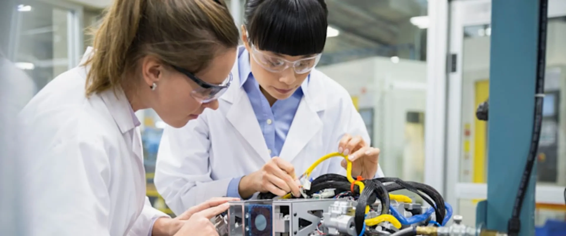 Dos ingenieras o científicas, ambas vistiendo batas blancas de laboratorio y gafas de seguridad, están concentradas mientras trabajan en la conexión y revisión de cables y componentes electrónicos de un complejo equipo o máquina. La imagen simboliza la innovación en manufactura avanzada, robótica o las industrias de alta tecnología en crecimiento.